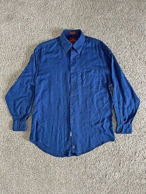 Vintage Nordstrom Navy Blue Mico Houndstooth Cotton Twill Button Down Sz 15 1/2